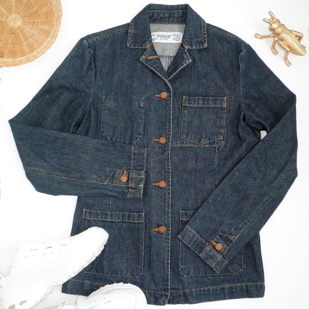 RARE Vintage OSHKOSH Dark Denim Chore Coat 90's Barn Utility Jacket S